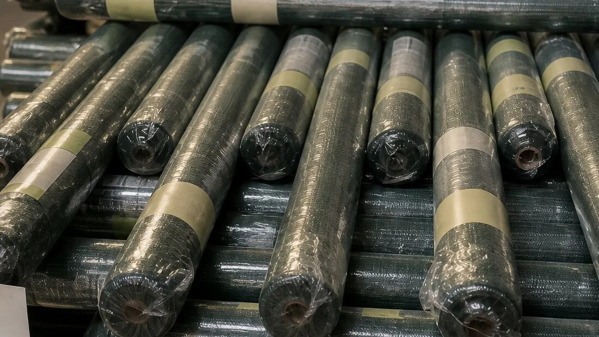Wrapped bulk rolls of knitted shade cloth stacked for export