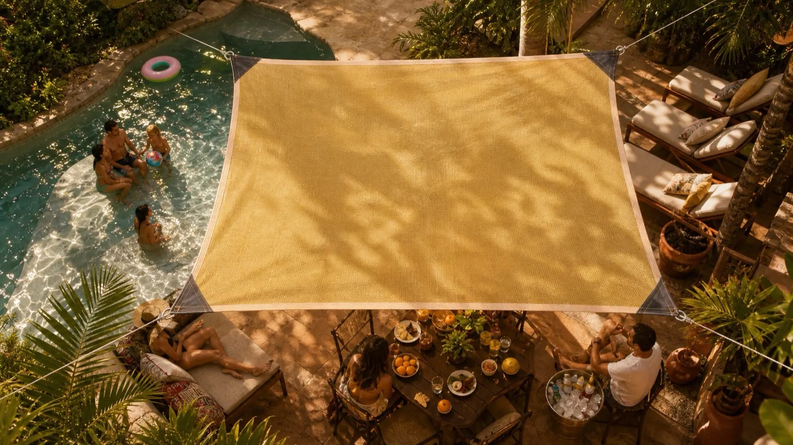 Shade sail over a poolside terrace with loungers