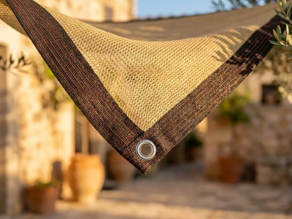A dark-green knitted HDPE shade net fixed along a balcony railing for shade and privacy, on a warm Mediterranean building at golden hour