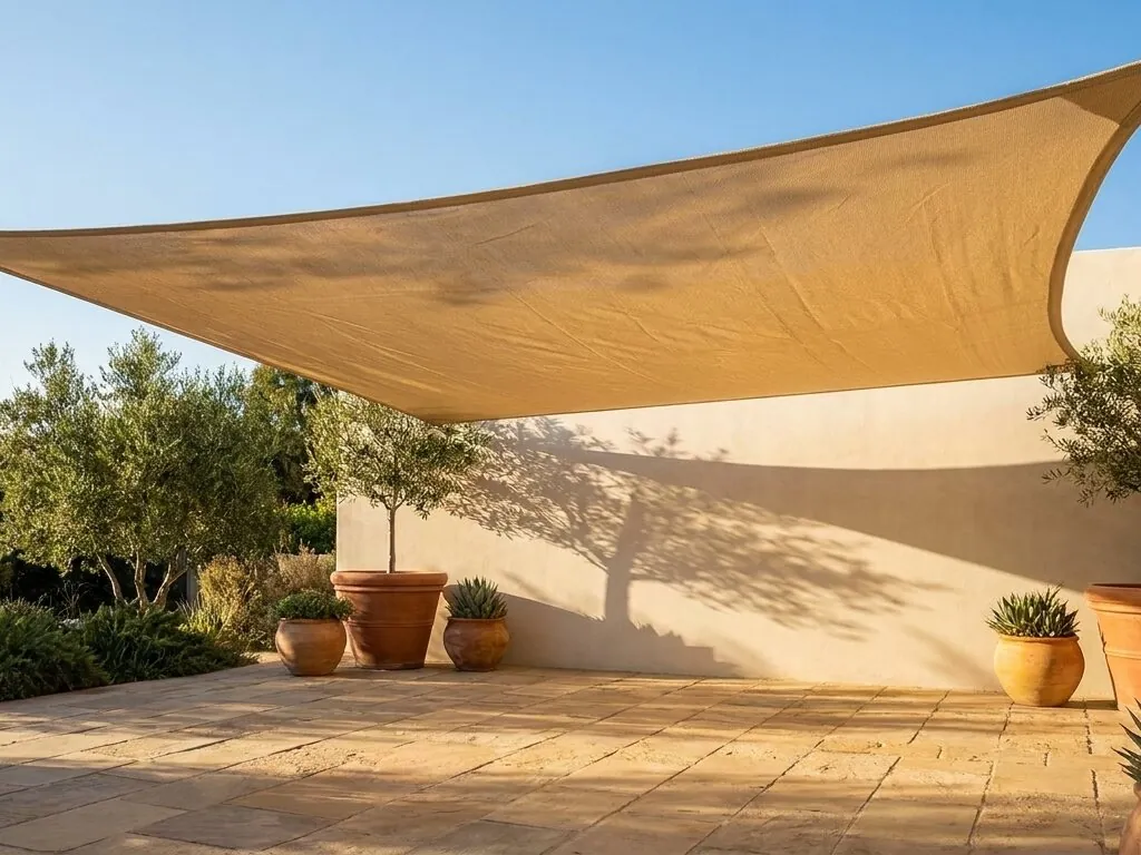 Beige HDPE sun shade sail tensioned over a warm Mediterranean terrace at golden hour